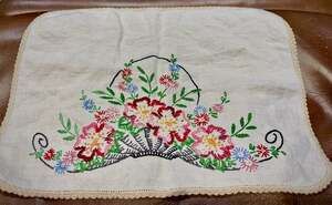 Vintage Hand Embroidered Floral Basket Rectangular Linen Doily
